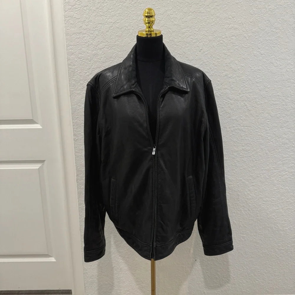 Calvin Klein Full Zip Black Leather Bomber Jacket Mens Large Herringbone Lining